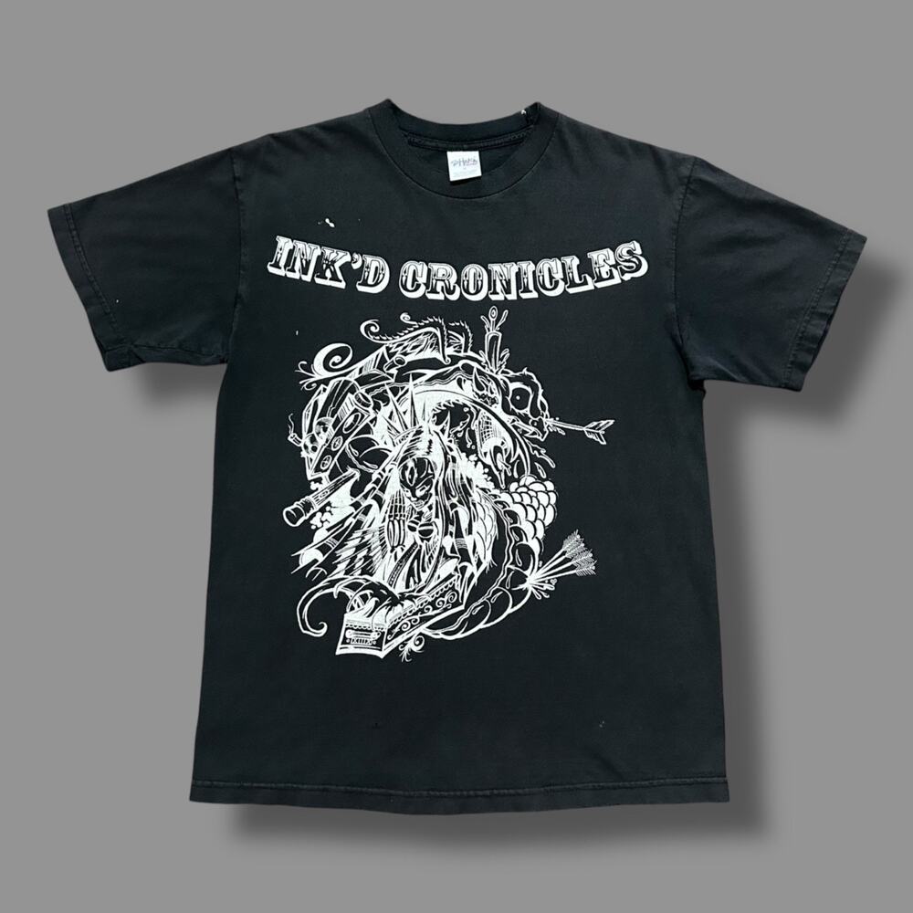 Thrashed Shirt Tattoo Art Graphic Tee y2k Faded Black Short Sleeve S/M